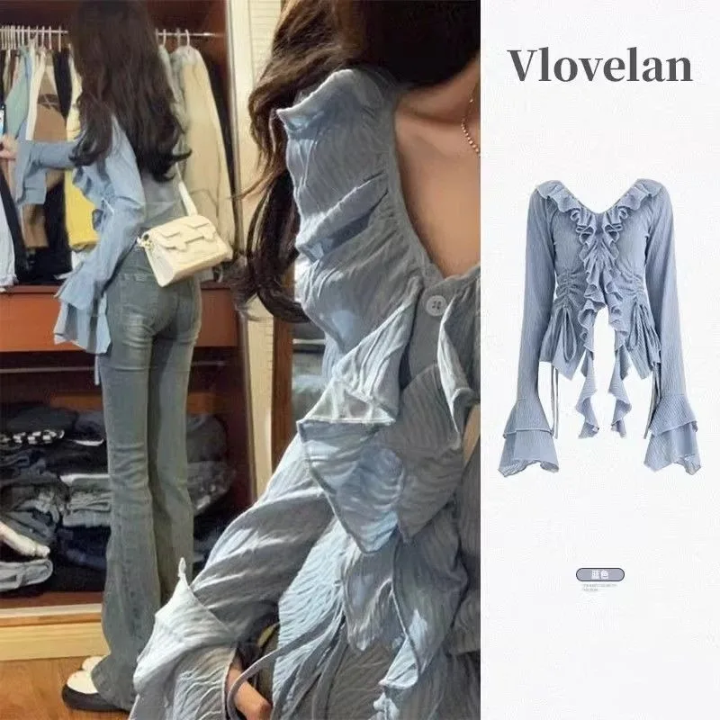 Sunscreen Shirt Spring Summer Design Sense Vneck Ruffled Edge Self Cultivation Long Sleeved Tops Female Lovely Lotus Leaf Sleeve