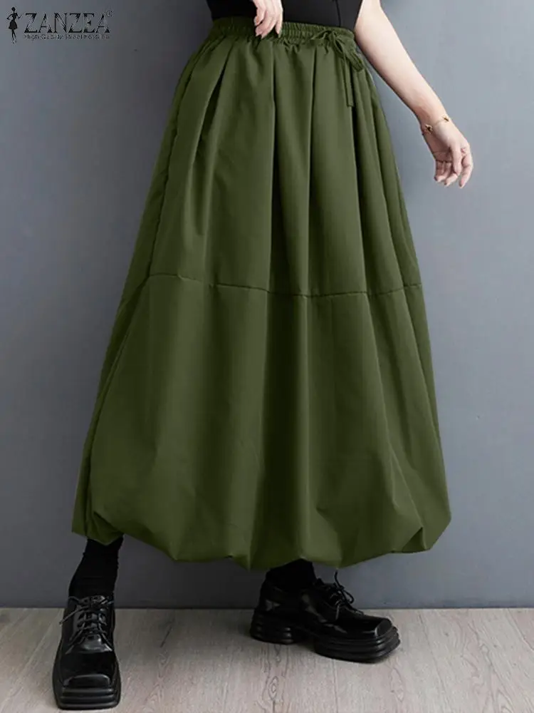 

ZANZEA Casual Loose Midi Skirt Women Pleated Long Skirt Casual Loose Elastic Waist Jupe 2024 Holiday Solid Multi-patchwork Falda