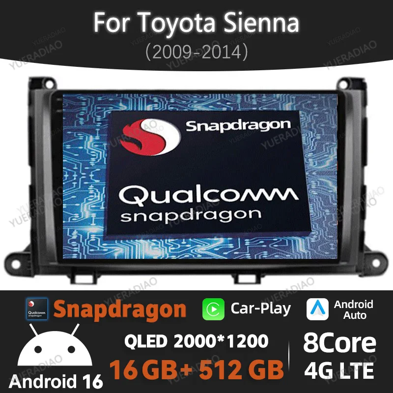 Android 16 Carplay Auto For Toyota Sienna 2009 2010 2011 2012 2013 2014 Car Radio Multimeidia Video Player Head Unit 4G WIFI DSP