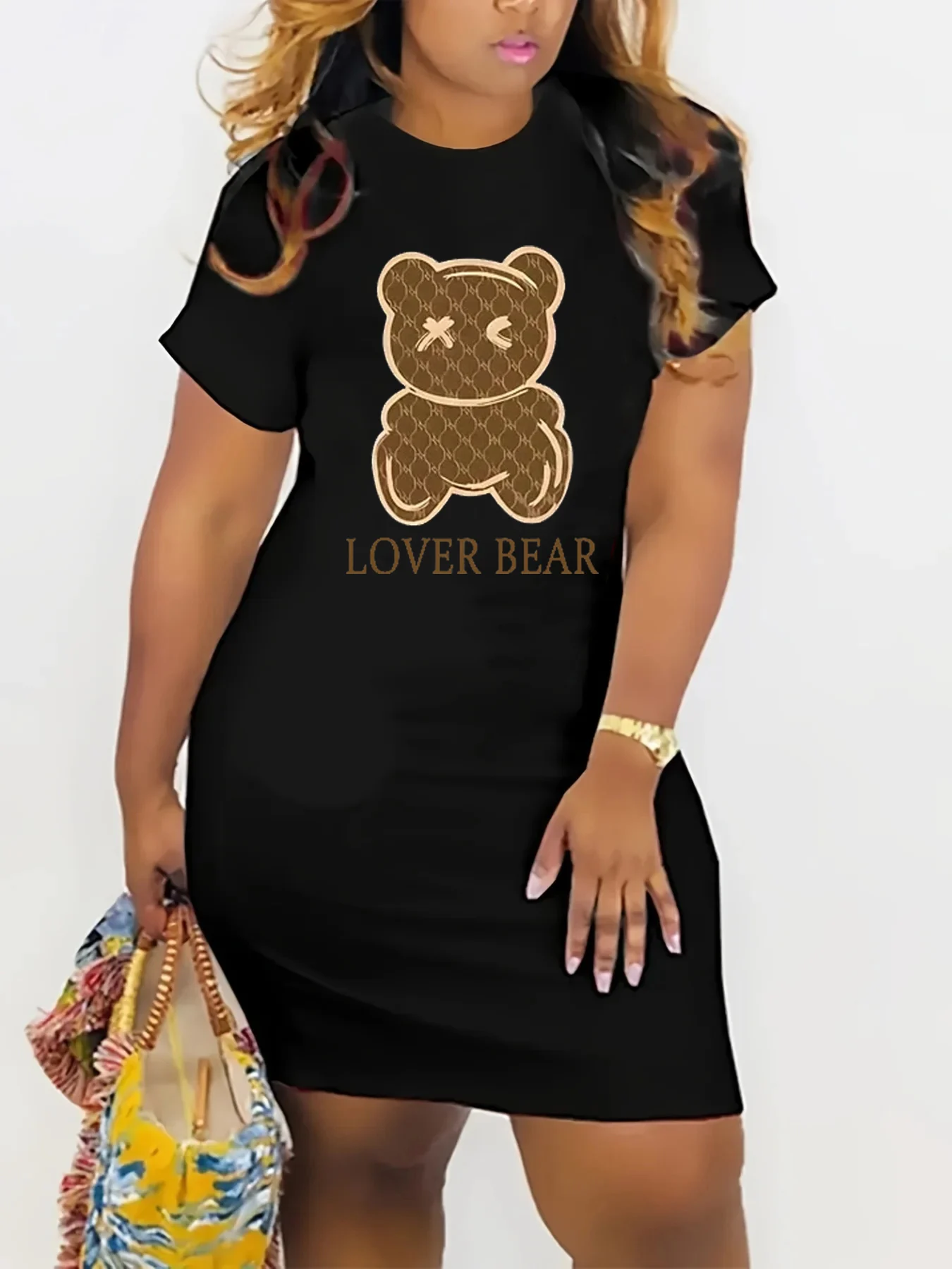 Summer Women\'s LOVER BEAR cartoon Print Casual Slim Fit Short Sleeve Round Neck T-shirt Mini Dress