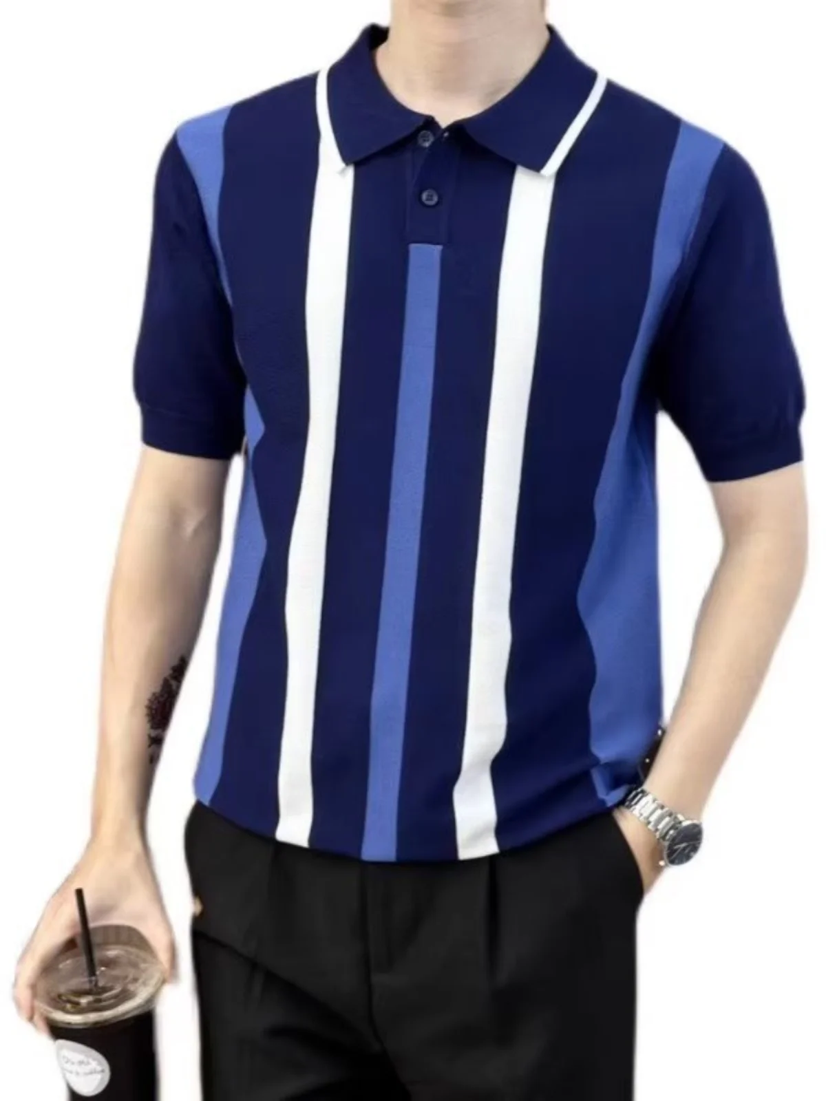 

Retro Briti Knitted irt Men's Color Blo Stripe Slim ort Sve Sweatirt Silk Cotton Ice Silk Paul irt Trendy