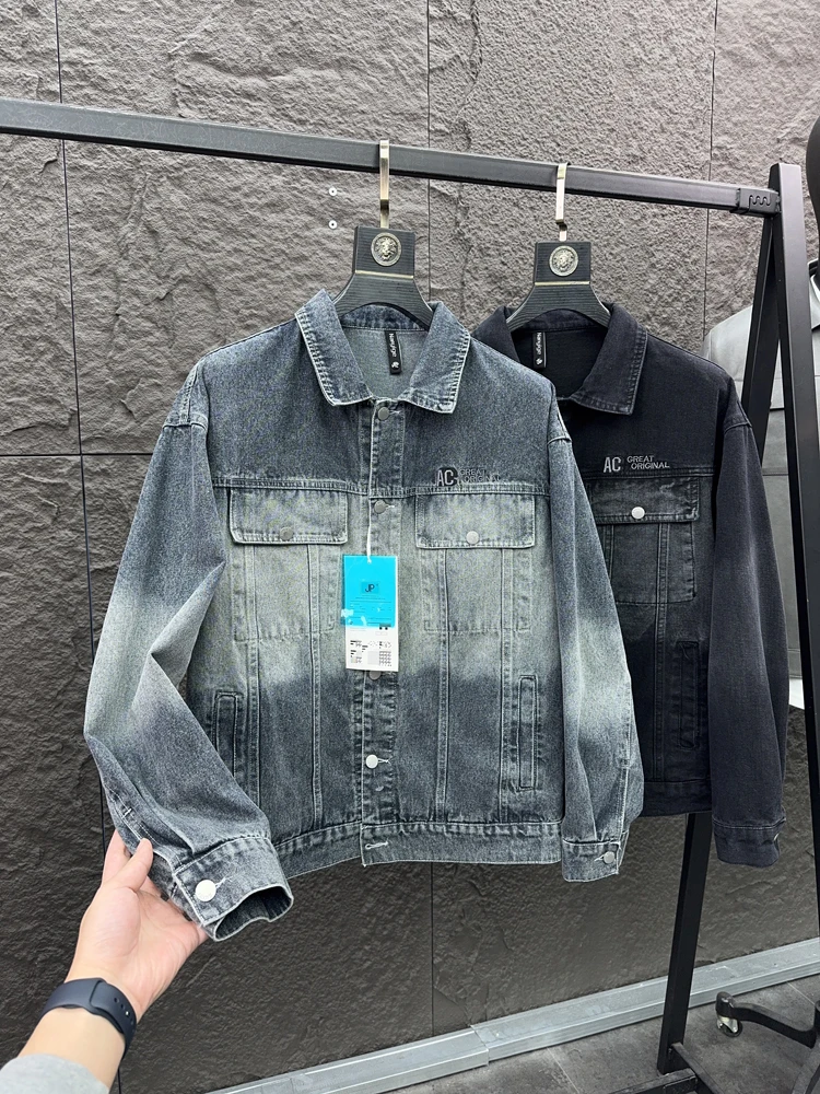 

Мужская повседневная джинсовая куртка, весна-осень, длинный свек, классический воротник с 3D пошивкой, модная городская одежда, молодежная повседневная одежда