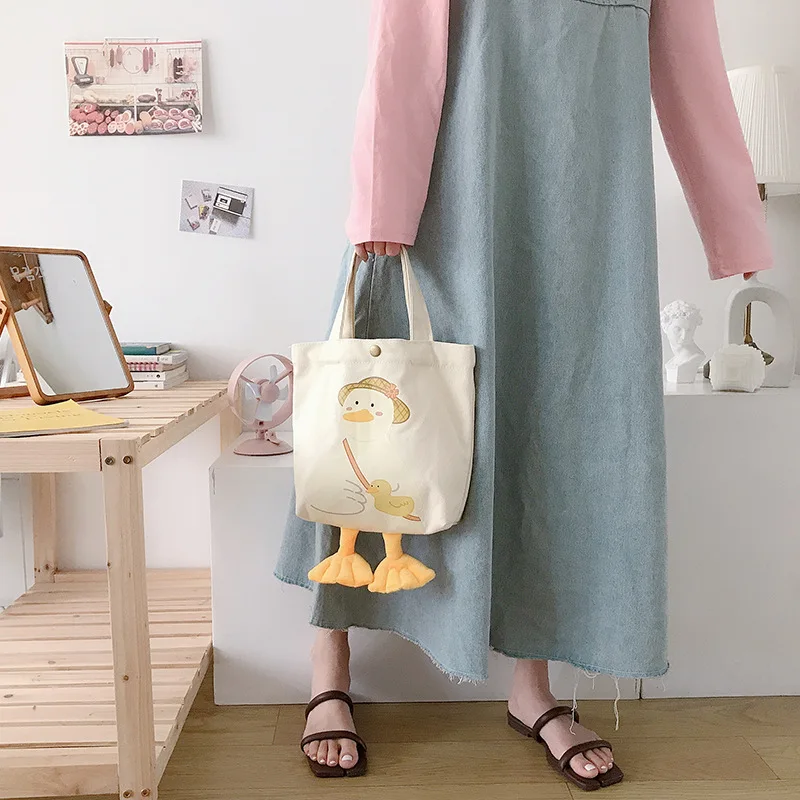 New Large Women Shoulder Shopper Bag Cute Duck Cartoon Print Casual Kawaii Canvas Tote Shopping Bag Cotton Cloth Eco Handbags