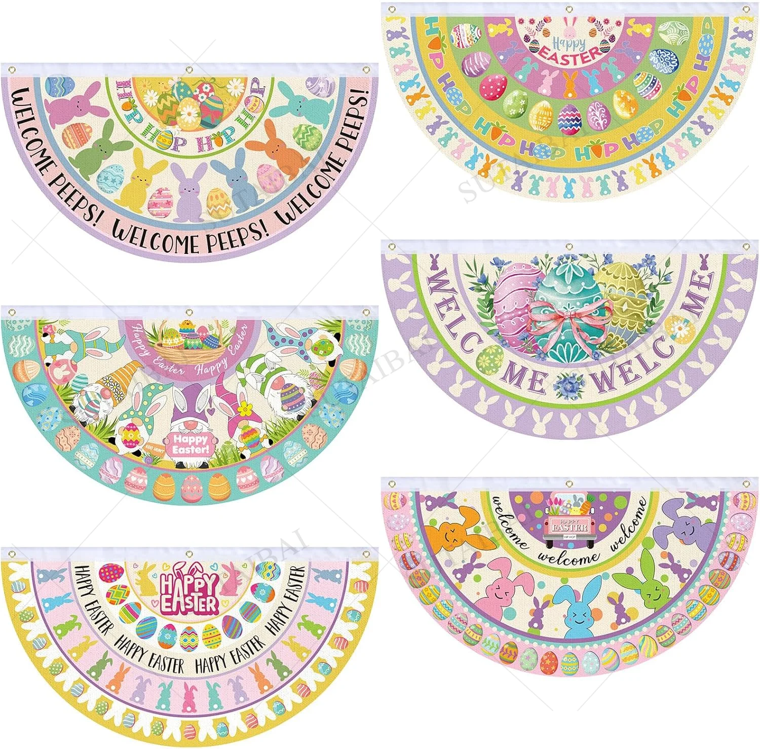 6 Pcs Easter Welcome Bunting Flag Happy Easter Garden Fan Flag Spring Bunny Egg Half Fan Banner Decoration for Spring Decoration