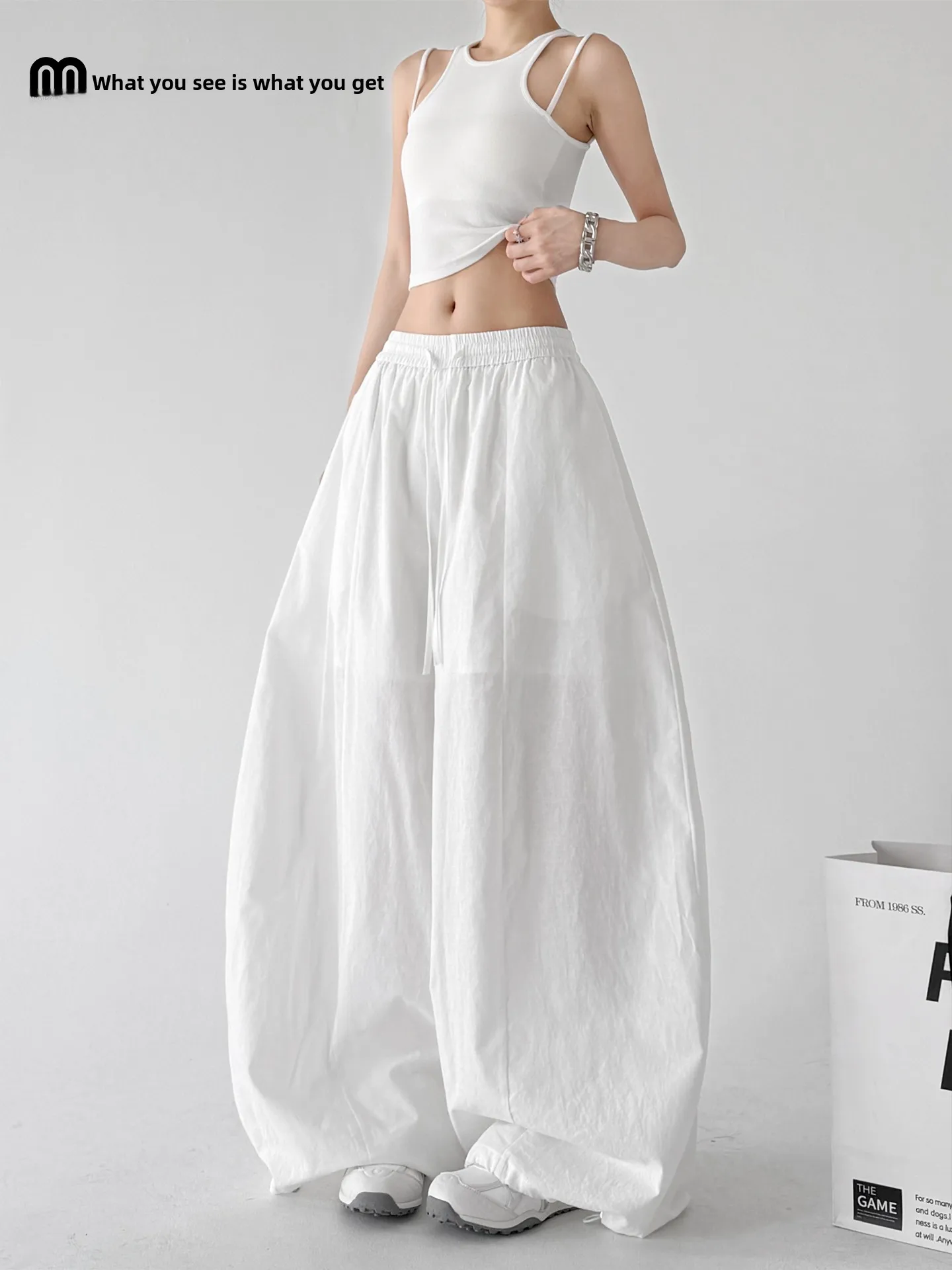 White Linen Ladies Summer Wide Leg Pants Loose Casual Style High Waist Cotton Blend Sun Protection Lazy Fashion Trousers