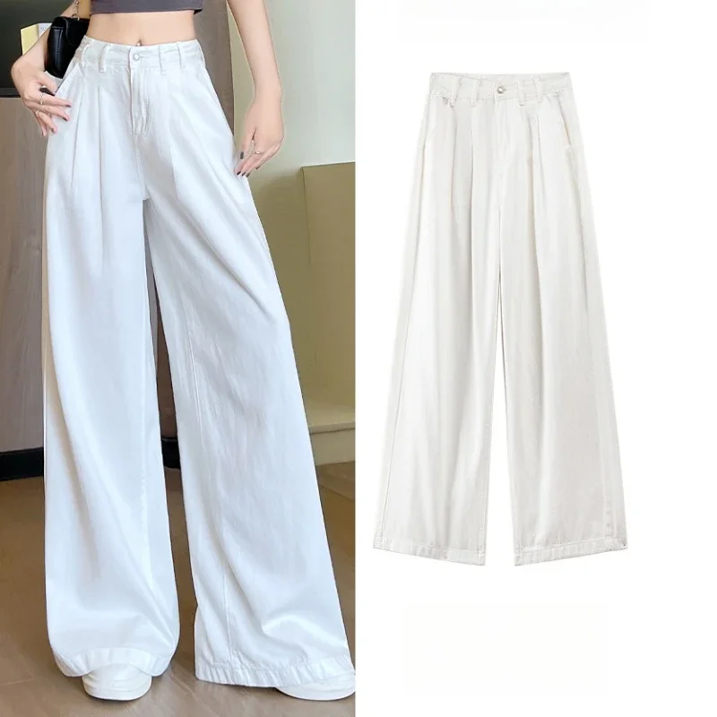 

Элегантные белые джинсовые женские широкие брюки с высокой талией и карманами, новинка 2025, повседневные свободные джинсы на одной пуговице, джинсы полной длины