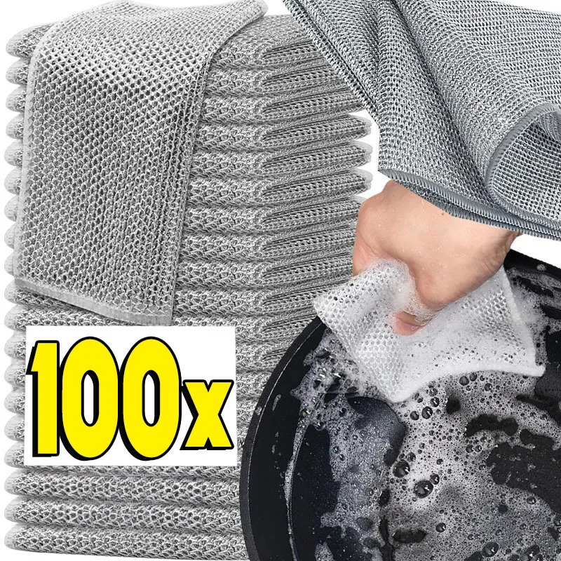

100/1pcs Thickened Steel Wire Cleaning Cloth Non-Scratch Double-layer Microfiber Mesh Wire Rags Washing Dishcloth Kitchen Towel