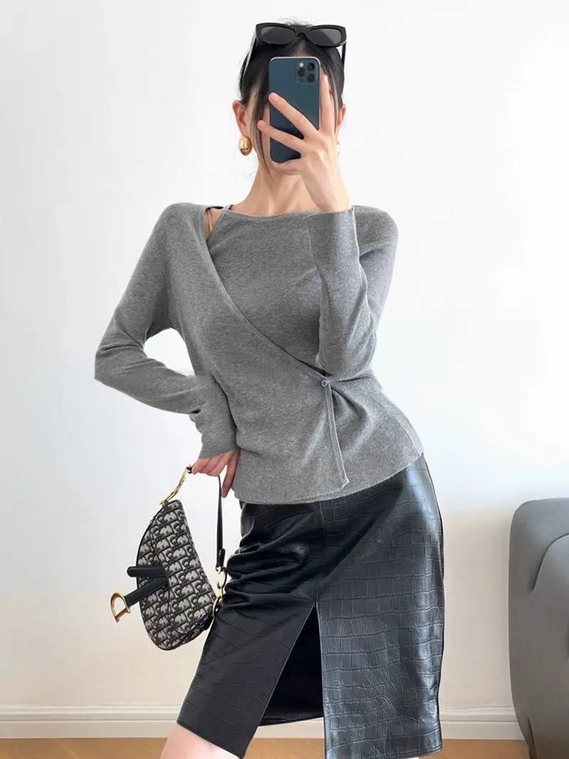 

French Grey Fake Two Piece Knitted Shirt For Women 2025 Autumn New Design Sense Commuting Slim Fit Top
