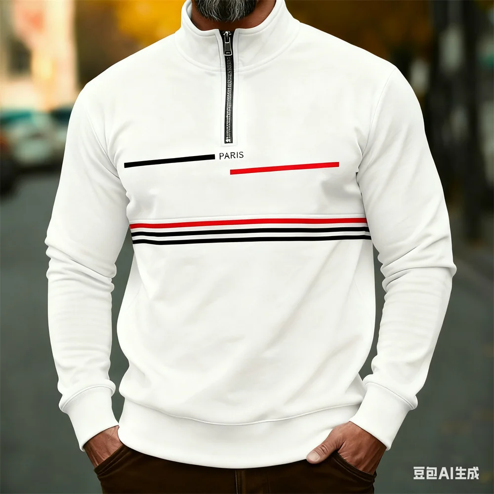 

Autumn Winter Men's stand up collar pullover Paris pattern print hoodies for man leisure sports stripe zip-up hoodie Men clothin
