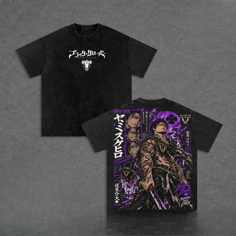 Anime Black Clover Yami T-shirt Vintage Washed Tee Back Purple Comic Panel Graphic Print Short Sleeve Oversized Unisex T Shirts