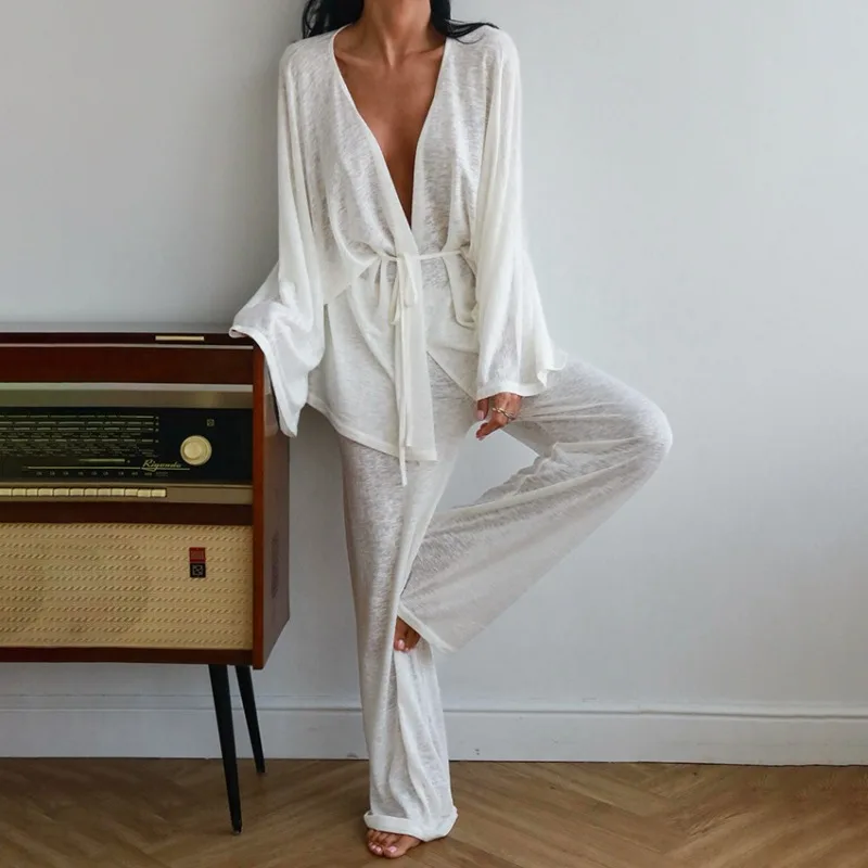 Women's Soft Waxy Comfortable Pajamas Loungewear Set Style Knitted Long Sleeve Top with Loose Trousers
