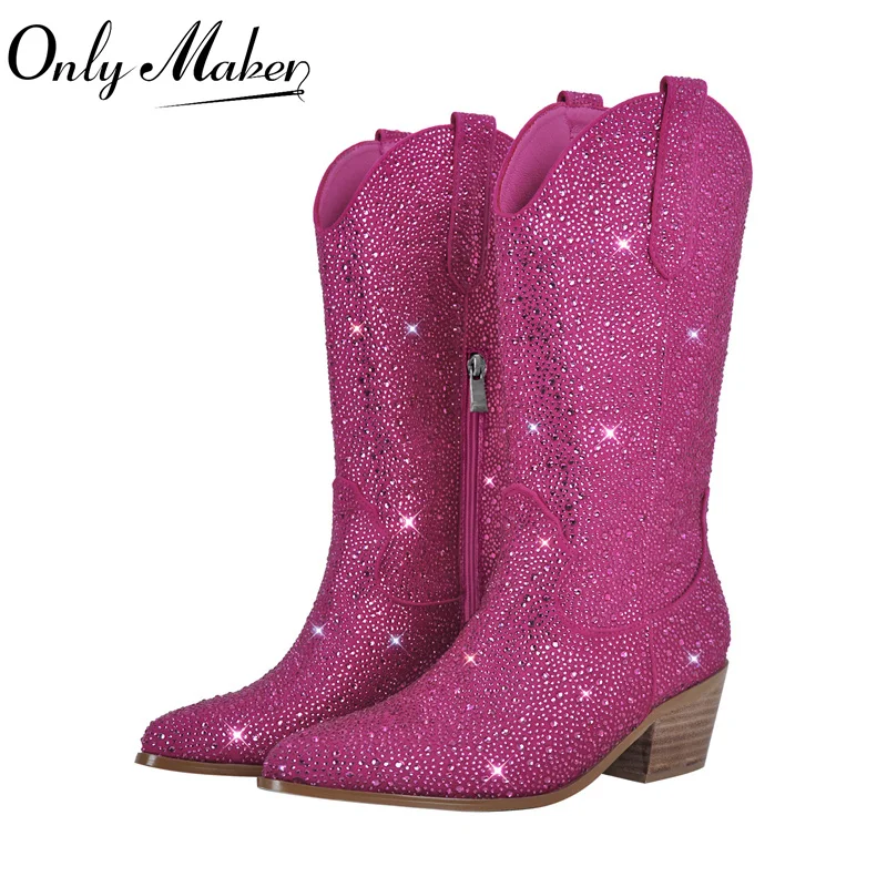 Onlymaker Women Rosy Red Knee High Boots Rhinestone Booties Glitter Bling Shiny Pointed Toe Block Heel Pull-On Cowgirl Boots