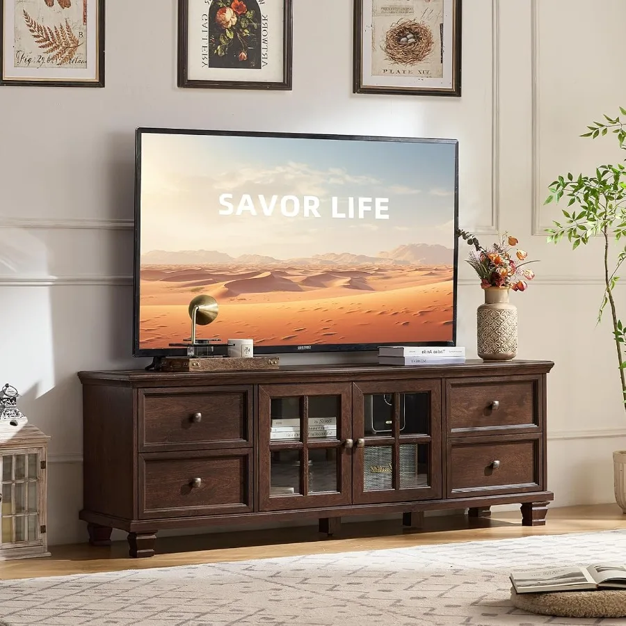 Farmhouse TV Stand for Living Room Rustic Brown Entertainment Center with Storage Cabinet Wood TV Console with 4 Drawers Modern