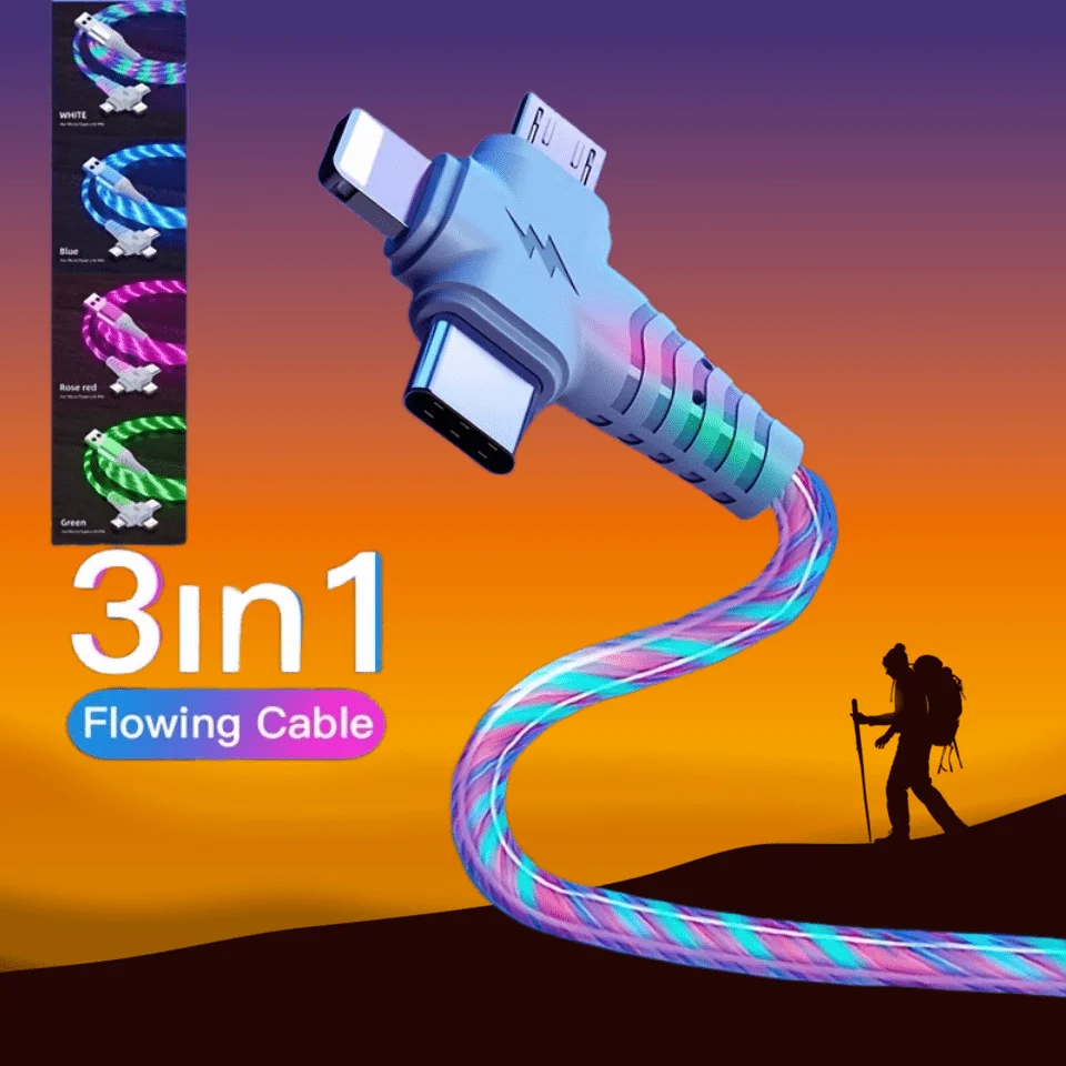3-in-1 Leuchtendes Ladekabel mit Fließendem Licht, Schnellladekabel Micro USB Typ C für iPhone 14 13 12 11 Pro, Lade- und Datenkabel