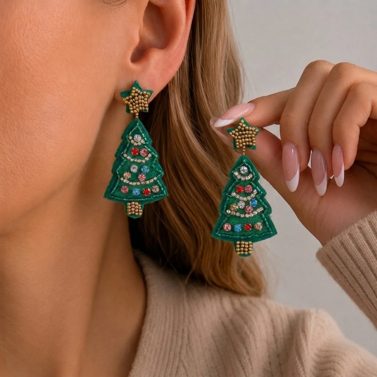 Weihnachtliche Ohrringe in Form eines Hauses mit Reisperlen für Damen, bunte Perlen, Weihnachtsmann, Rentier, Schneeflocke, Baum, Schleifen-Ohrringe, Schmuck. – Detail 11