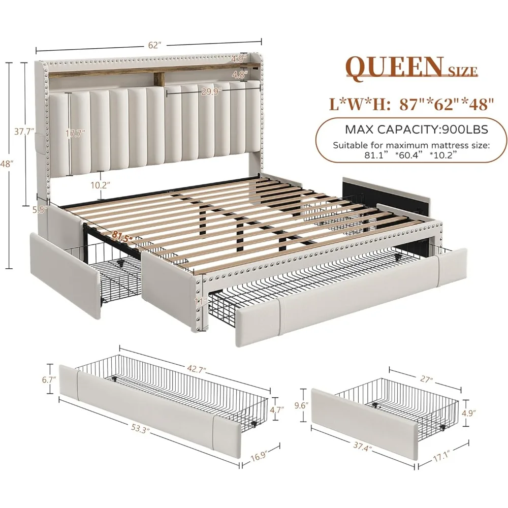 Queen Bed Frame with Headboard and 3 Large Drawers, Upholstered Platform Bed Frame Queen Size with Storage, Queen Size B