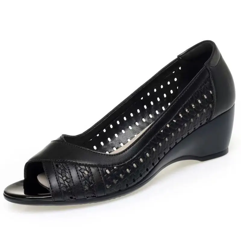 

Women's Summer New Genuine Leather Wedges Peep Toe Sandals Soft Sole Non Slip Hollow Out Lightweight Slip On Modern Sandals