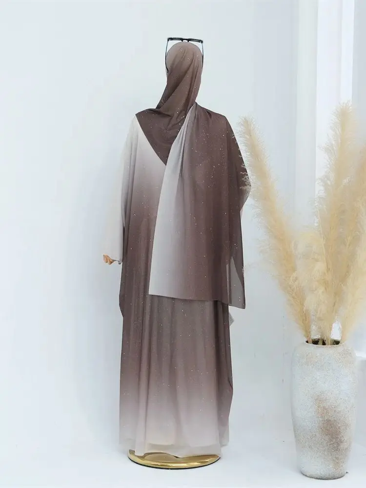 Ramadan Eid Shiny Gradient Open Kimono Abaya Dubai Muslim With Hijab Abayas For Women Kaftan Dress Islamic Clothing Robe Femme