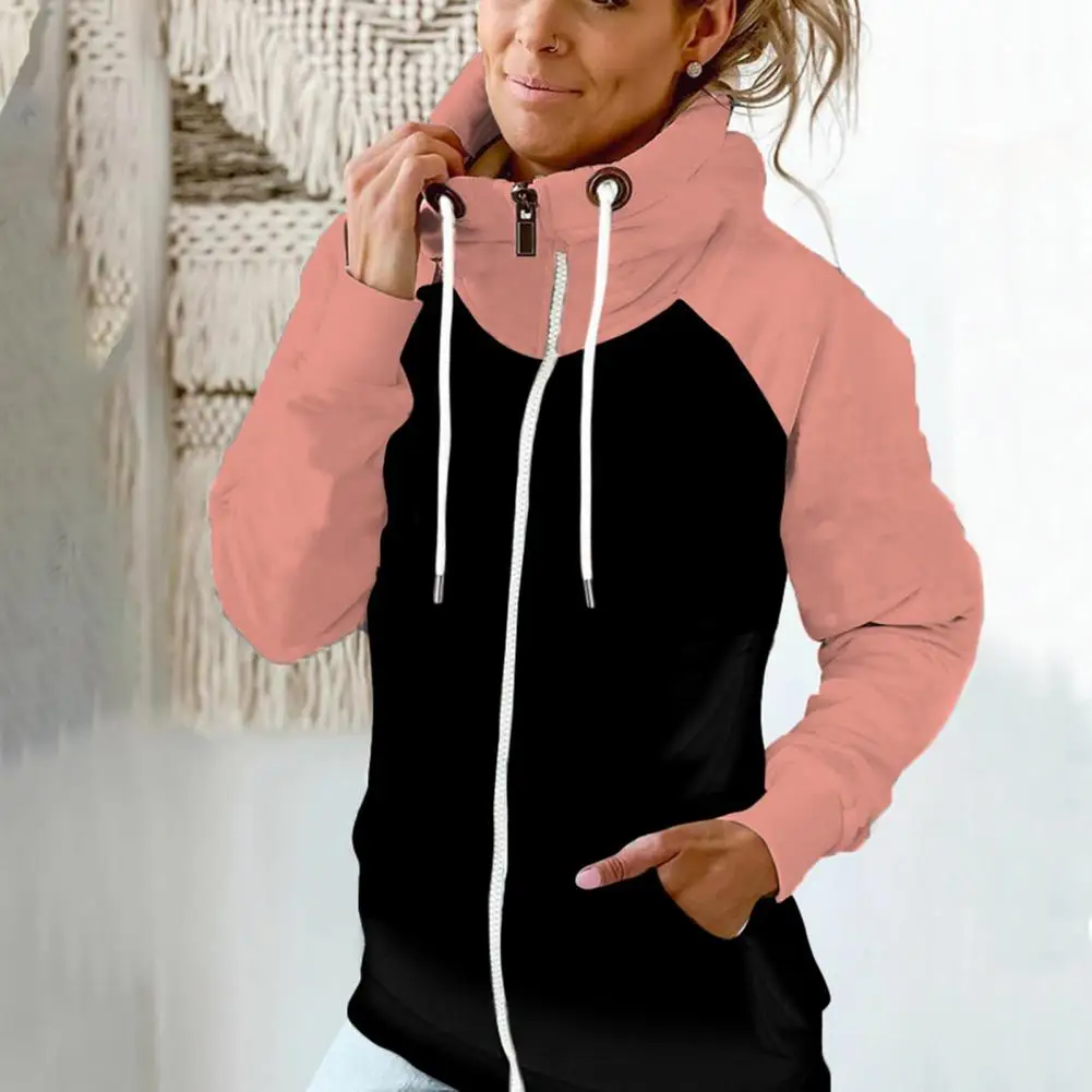 Drawstring Women Hoodie Zipper Hooded Fleece Contrast Color Cardigan Casual Lady Hoodie Casual Autumn Hoodie Lady Sweatshiet