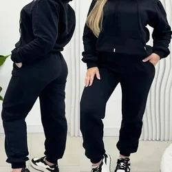 Women Solid Color 2pcs Clothes Set Hooded Long Sleeve Sweatshirt Hoodie & High Waist Elasitc Pants