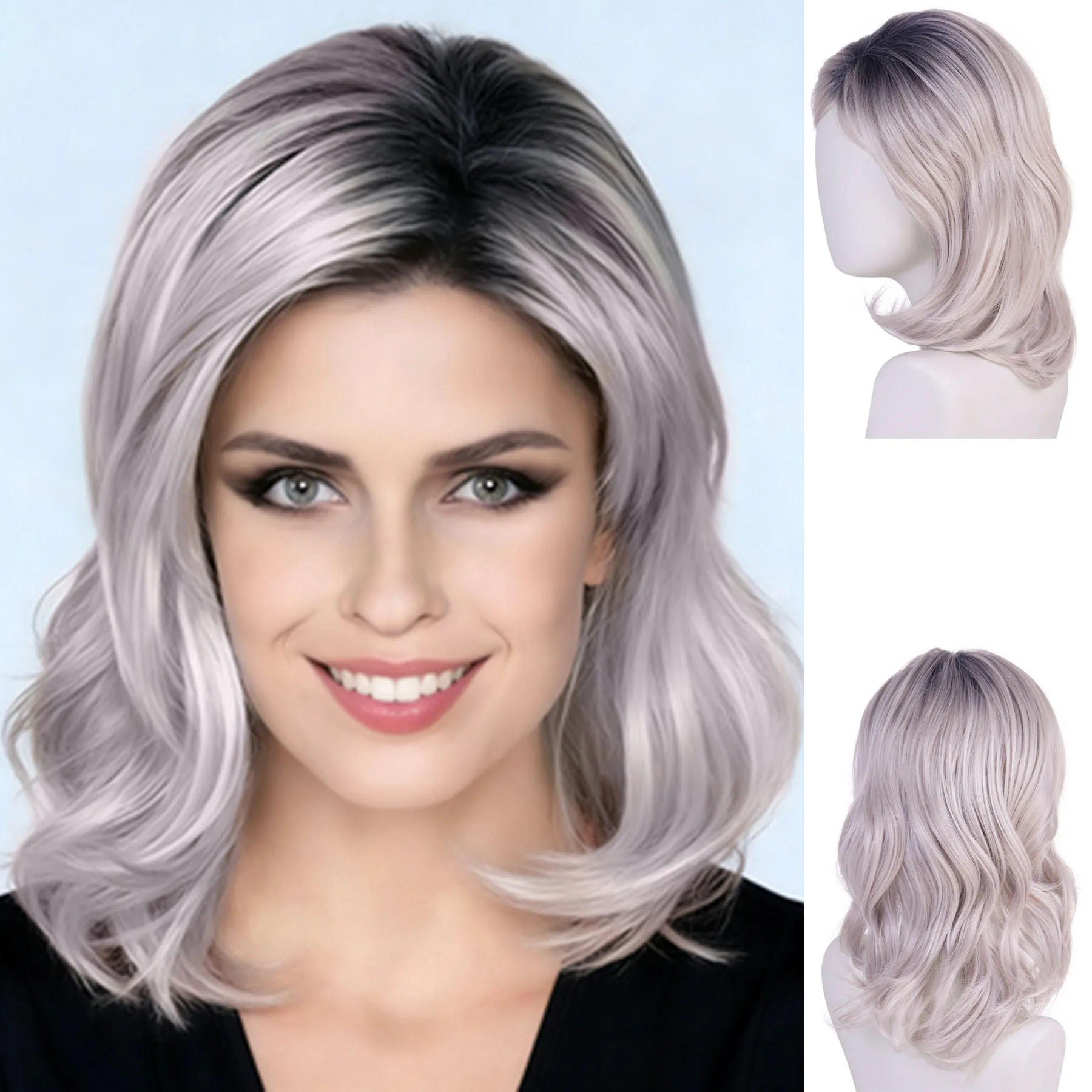 

Парики премиум-класса из синтетических волос светло-пепельно-русый для женщин, длинный вьющийся парик с черными корнями и боковой челкой, 16-дюймовый повседневный костюм для вечеринки