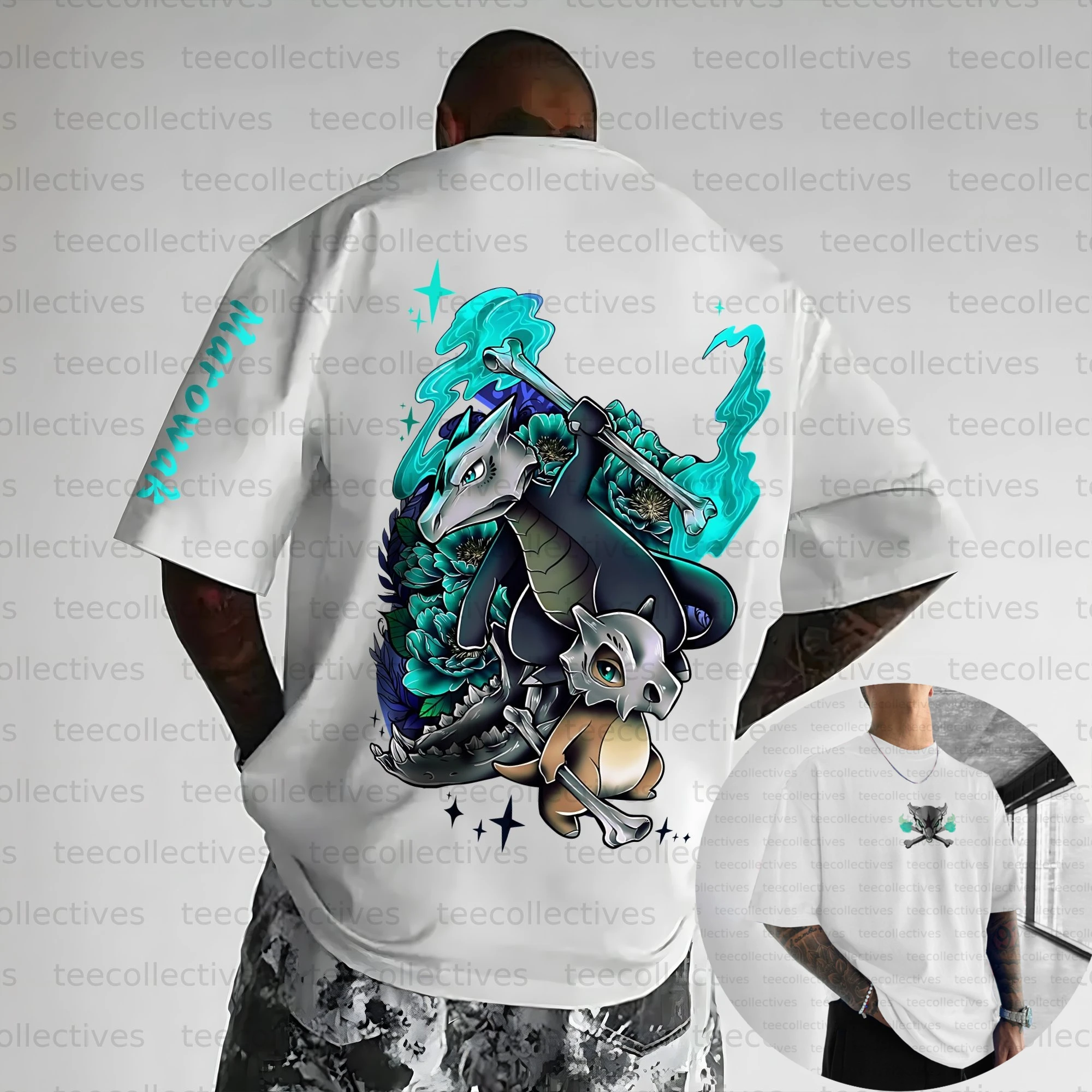 Camiseta de Pokémon para hombre, camisetas de manga corta de algodón, camisetas gráficas de Anime de verano 2025, Base blanca, esqueleto de dinosaurio, estampado trasero Karakara