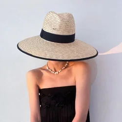 2024 New Panama Straw Hat Women's Summer Hat Wide brimmed Sun Hat Ribbon Beach Hat Holiday Outdoor Sunshade Hat