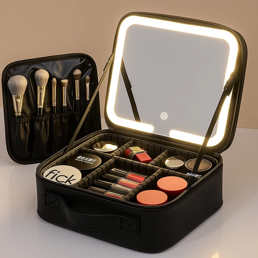 

Premium LED Travel Cosmetic Bag with Mirror Women's Portable Large Capacity Makeup Brush Case Portable Partition Beauty Bag