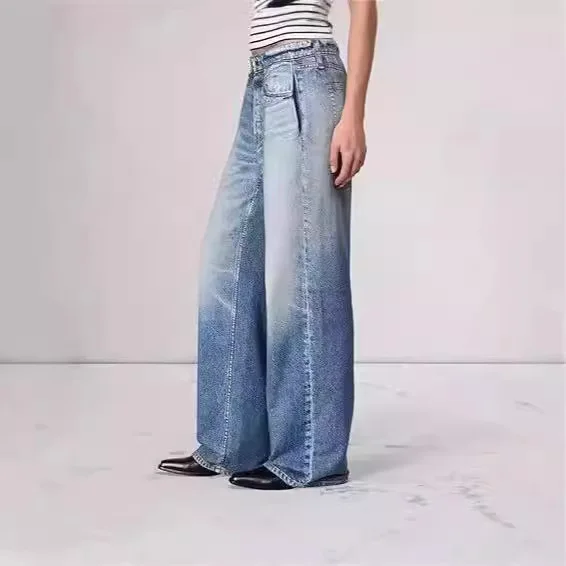 2026 Jeans Wide Leg Pants Women Denim Floor Length Mid Waist Washed Distressed Pockets Vintage Y2k Streetwear Straight Trousers