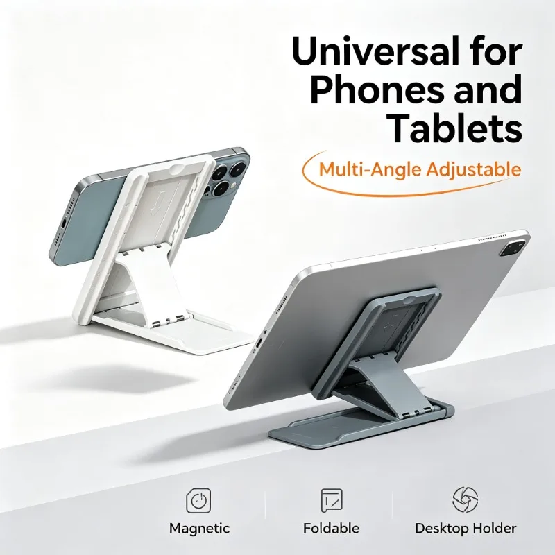 Desktop magnetic foldable phone and tablet stand in light grey