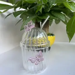 Chic 400ML Butterfly-Inspired Glass Cup Girlish Coffee Mug With Lid and Glass Straw BPA-Free Drinkware for Juice Milk Coffee