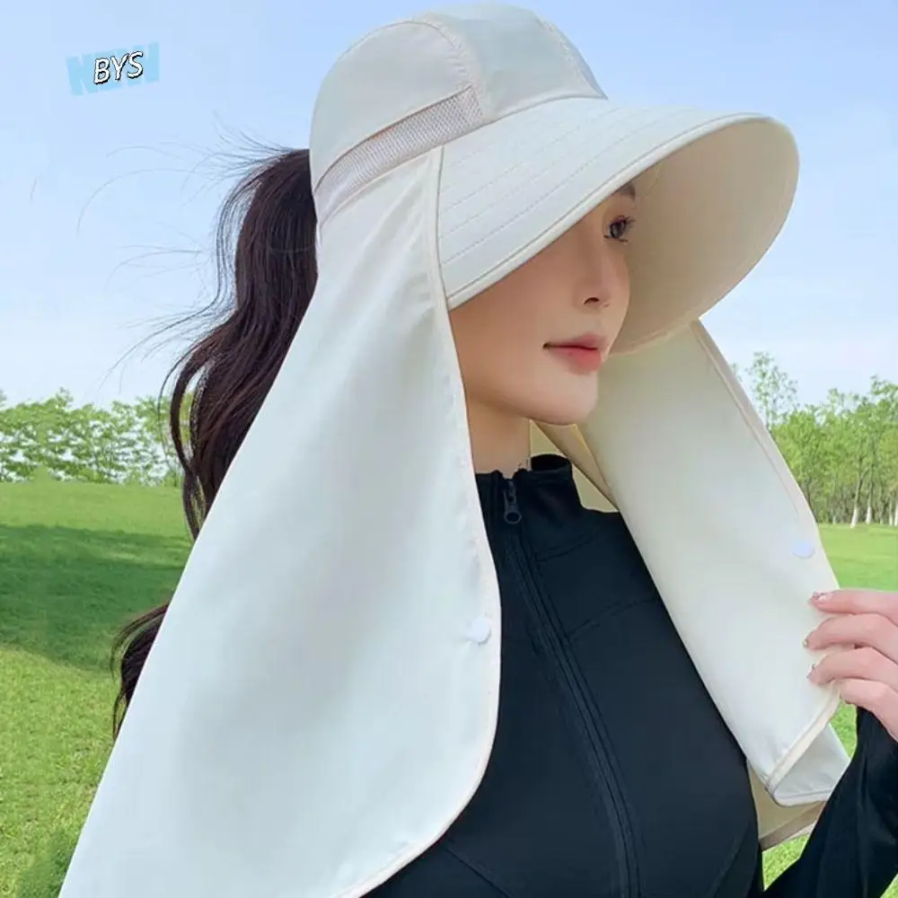 

Casual Wide Brim Shawl Fisherman Hat Sunscreen UV Anti Hiking Bucket Hat Neck Protection Ponytail Cap Women Sun Hat Fishing