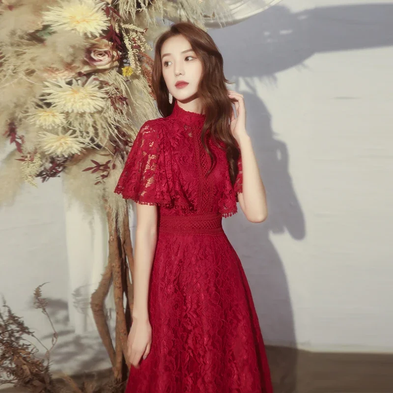 Lace Party Dresses Women Burgundy High Collar Half Sleeves Tea-length A-line Plus size New Ruffles Customized Formal Dress A071