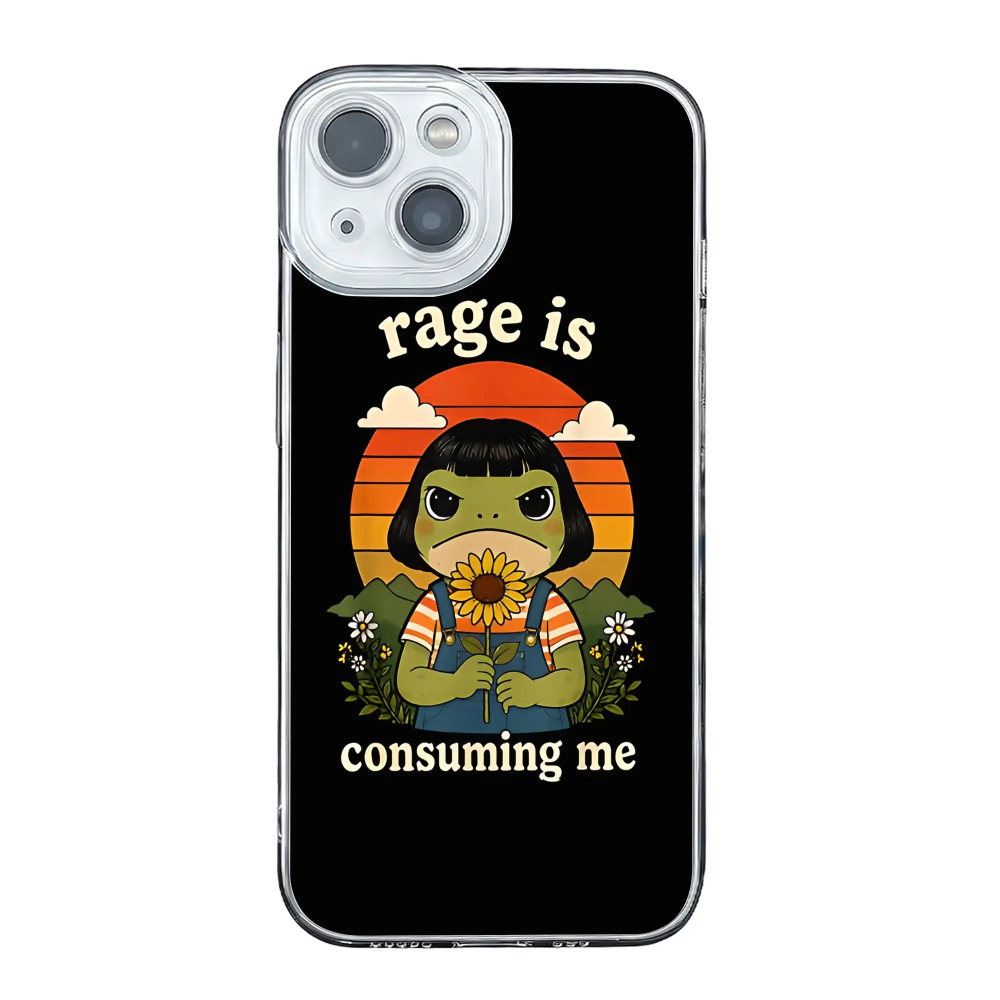 Frog Girl Wearing Denim Overalls Holding Sunflower Feeling Intense Rage Phone Case for IPhone 17 16 15 14 13 12 11 Pro Max Cover