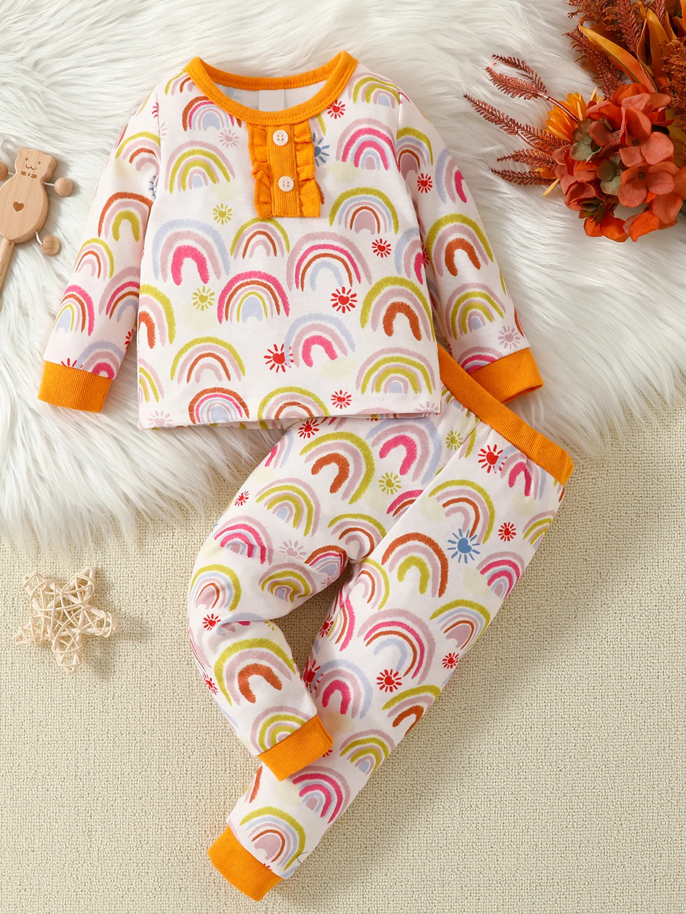 Baby girl's clothing, sun rainbow pattern printed long sleeved pants two-piece set
