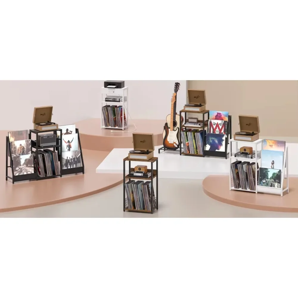 3-Tier Wooden Record Player Stand Album Storage Turntable Stand for Home Furniture End Table Use in Living Room Bedroom CD Racks