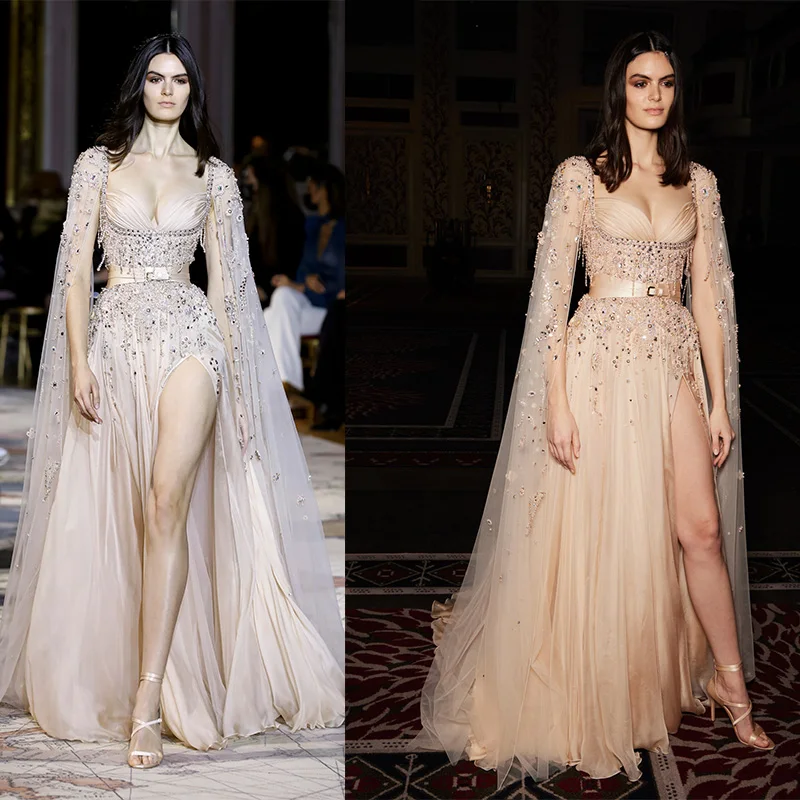 L299 Zuhiar murad Champange Cape Chiffon Beaded Pearls  فساتين السهرة vestidos de fiesta  فساتين سهره evening dresses