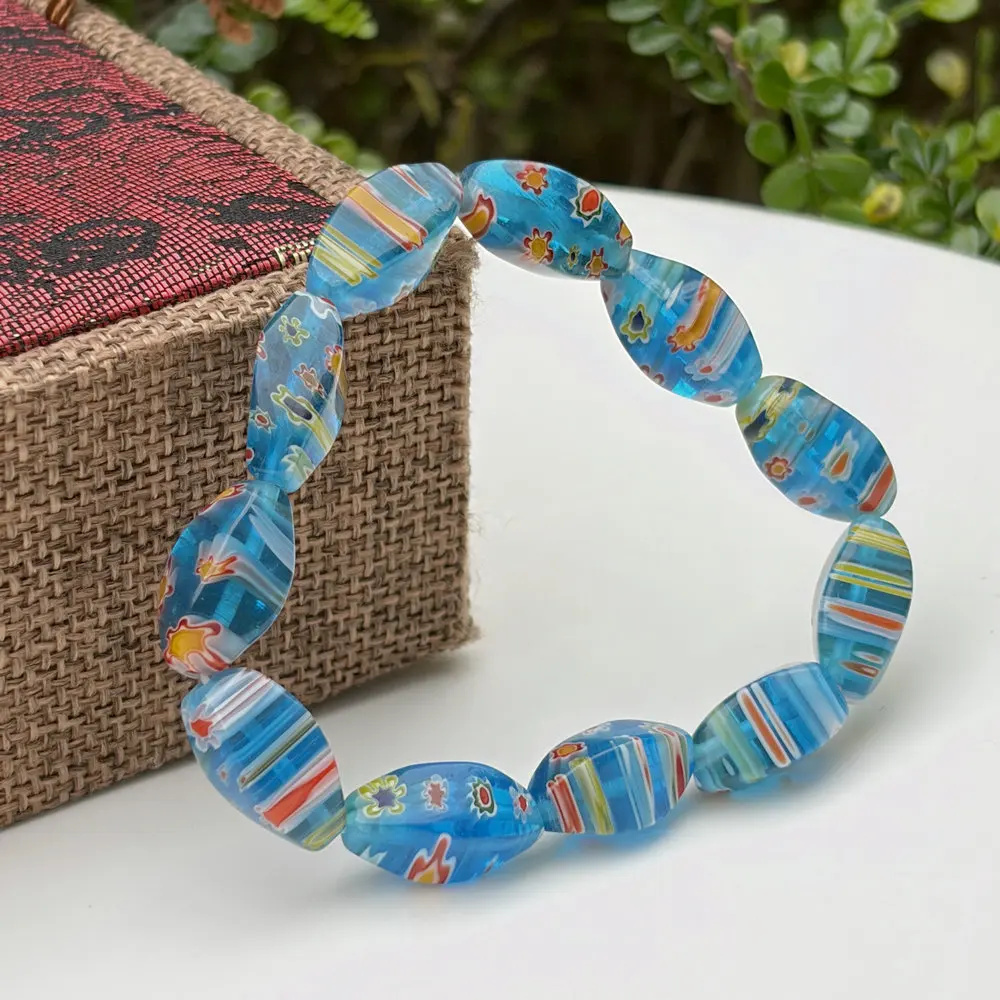 Boho Ethnic Handmade Millefiori Glass Bracelet Mixed Color Beads Stretch Elastic Bracelet Retro Women Decorative Jewelry Daily W