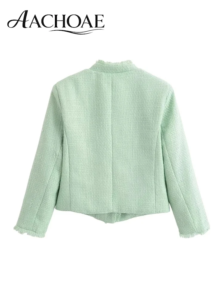 AACHOAE Women Tweed Cropped Jacket Stand Collar Frayed Trim Metal Button Short Coat Elegant Vintage Casual Office Lady Outerwear