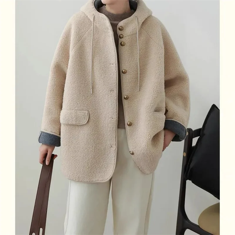 2024 Ladies Fashion Solid Color Lamb Plush Outwear Autumn Winter Female Loose Fitting Grain Jacket Women Hooded Thickening Coat