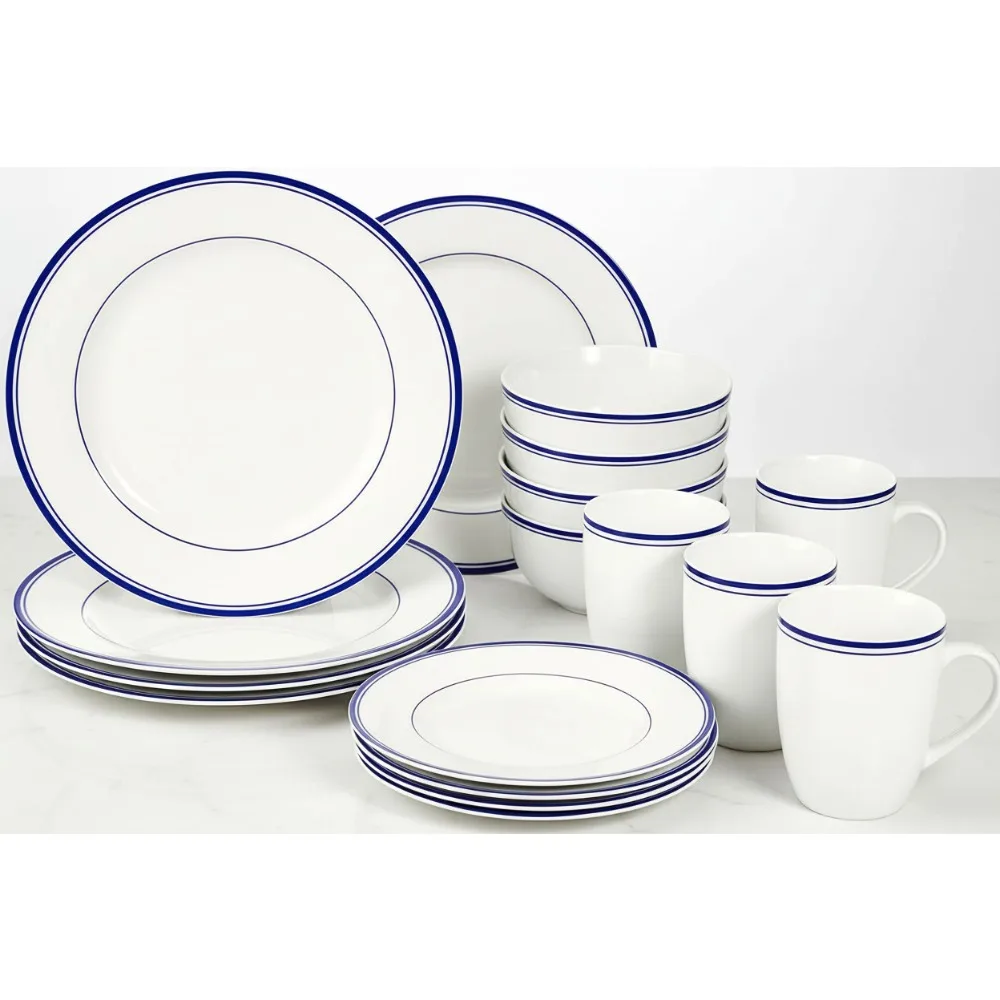 

Набор столовой посуды Blue Cafe Stripe из 16 предметов, тарелки, миски, кружки на 4, микроволновая печь и можно мыть в посудомоечной машине