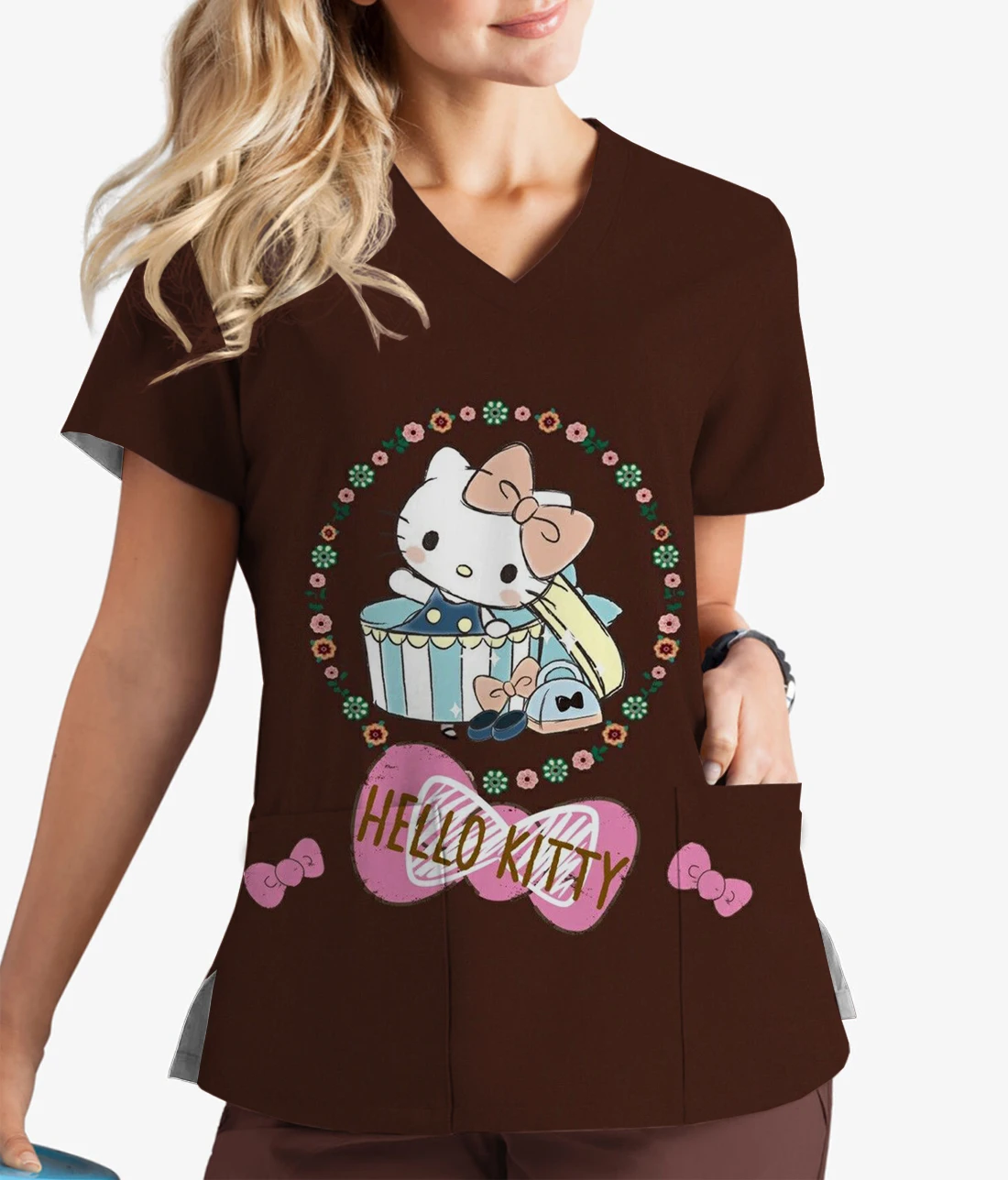 ディズニーシリーズハローキティプリントナース作業服、半袖ペット歯科医、医療、クリスマス、夏