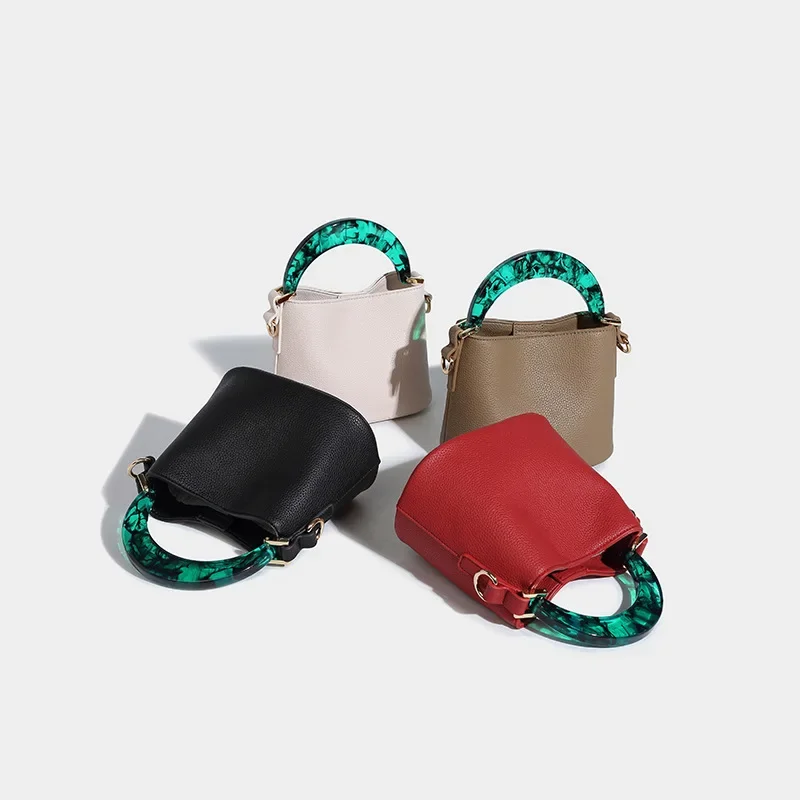 

Colored Bucket Handbag Woman Unique Resin Handle Versatile Casual Shoulder Bag Large Capacity Crossbody Bags for Women