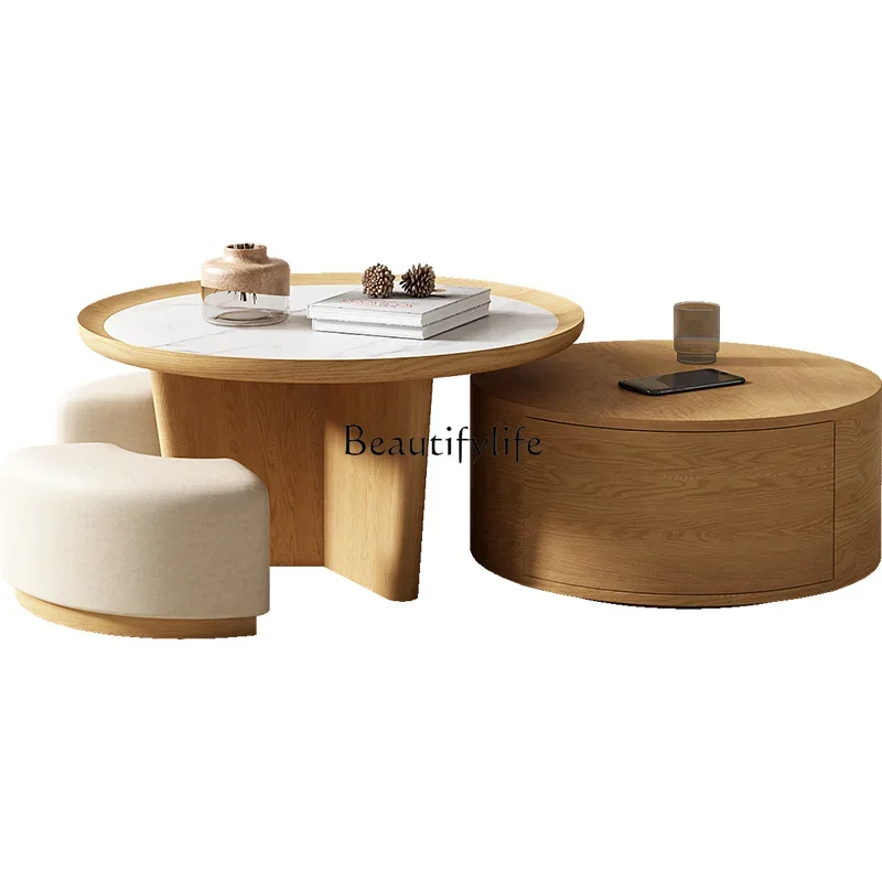 

Japanese Style Log Style Coffee Table Nordic Solid Simple Modern Stone Plate round Tea Table Combination