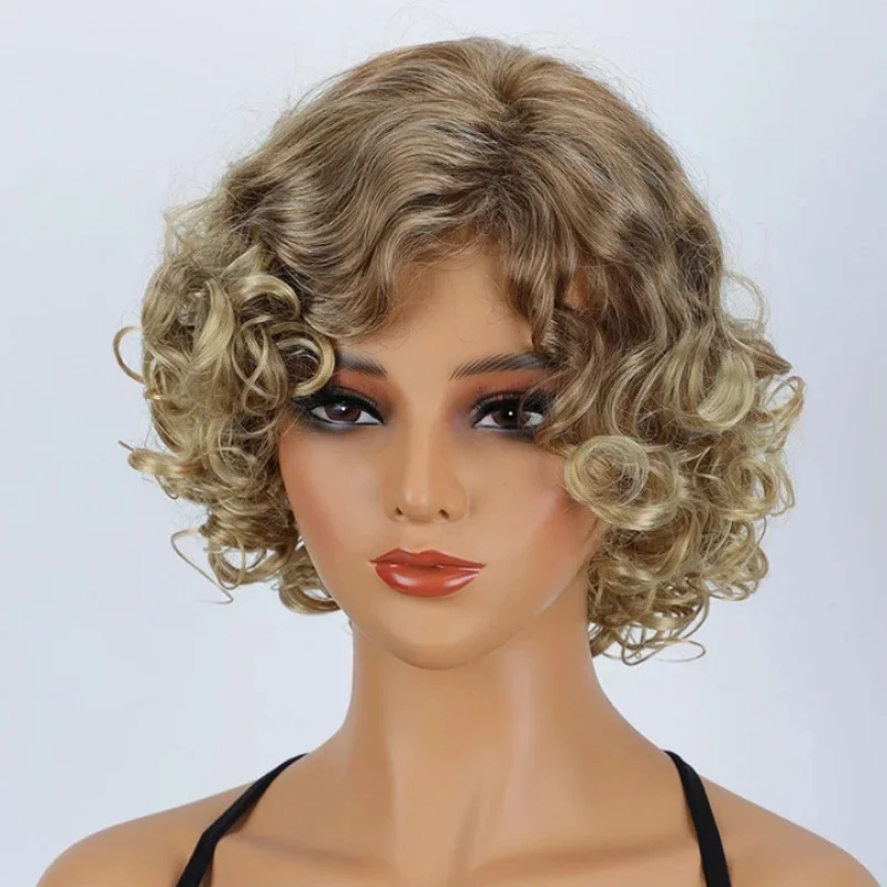 Short Curly Brown Blonde Mix Human Hair Wigs Heat Ok Wigs Women Soft Natural