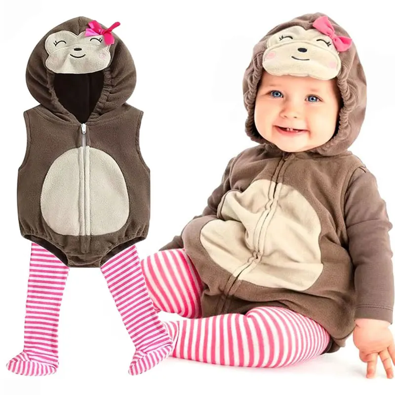 2pcs/set Little Monkey Costume for Baby Girls 6-12M 12-18M Hooded Sleeveless Romper Bodysuit With Pink Striped Stockings Umorden