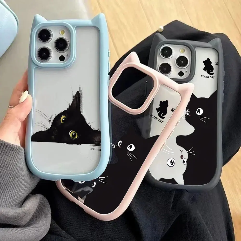 Lovely Black Cat Cute Cat Ear Phone Case For iPhone 16 15 14 13 12 11 Pro Max Transparent Hard Acrylic Soft Silicone Bumper