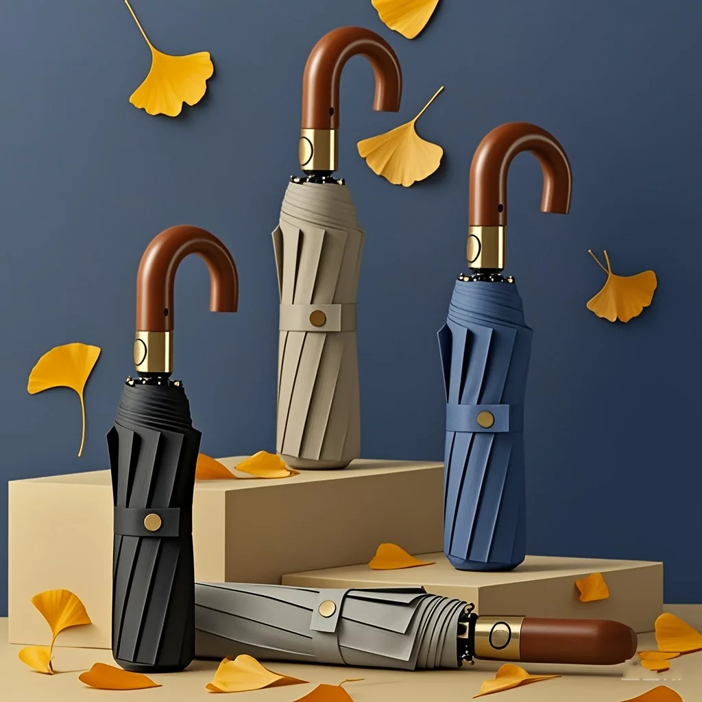 

10 Rib Strong Large Automatic Umbrella for Men and Women Premium Business Solid Wood Handle Folding Windproof Umbrella Vintage