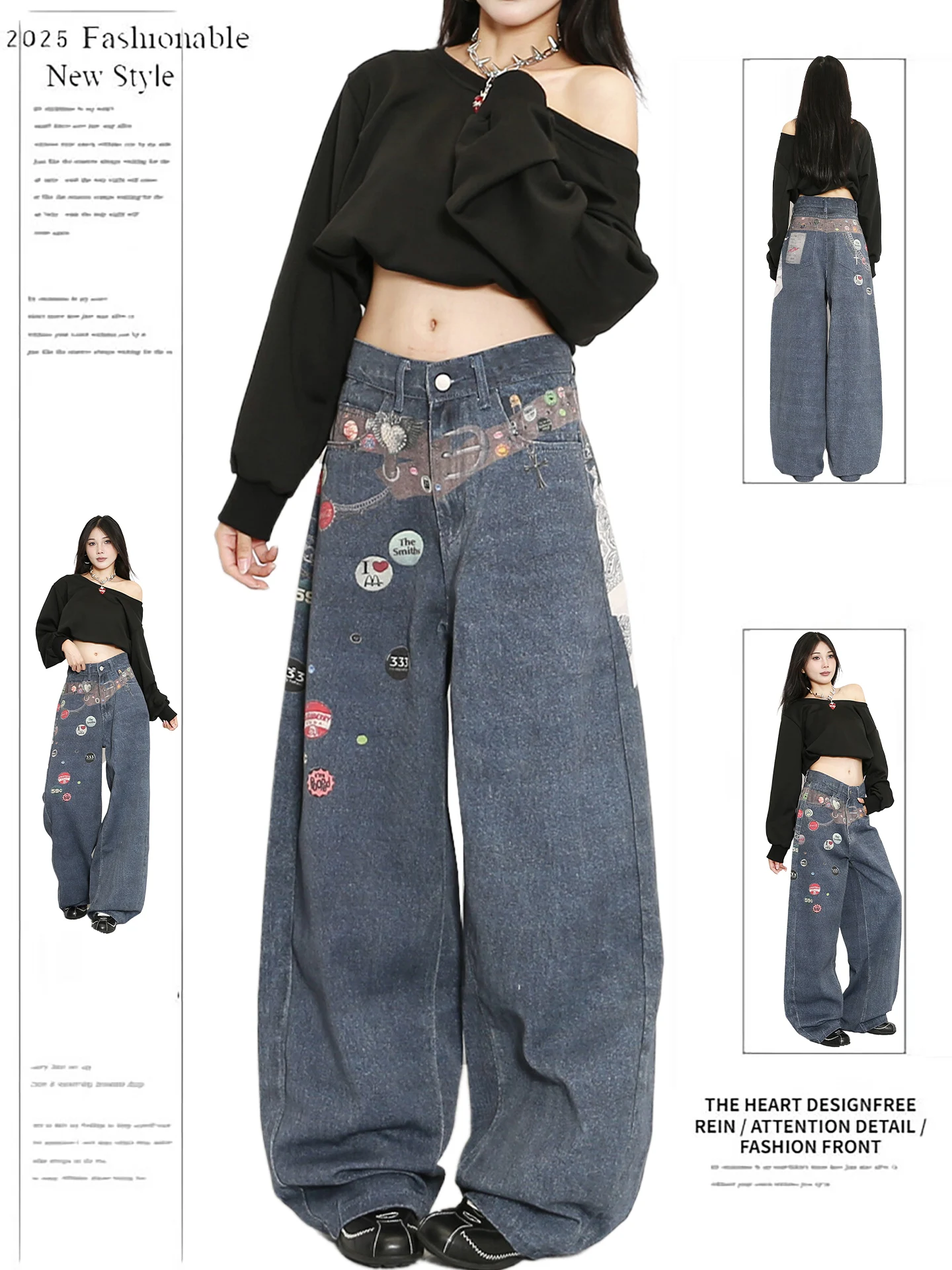 

American Retro High Waist Wide Leg Jeans Women's Loose Floor-Length Belted Denim Pants Autumn New Sle Printed Comfortable