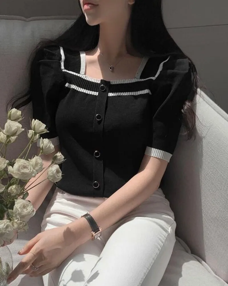 Contrast Square Collar Cardigans Femme Short Sleeve Sweater Single Breasted Ropa Mujer Knitwears 2024 Summer New Sueters